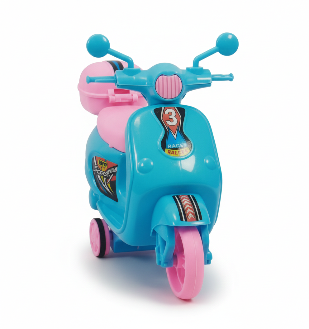 Colorful friction-powered kids scooty toy with storage box for imaginative play and motor skill development