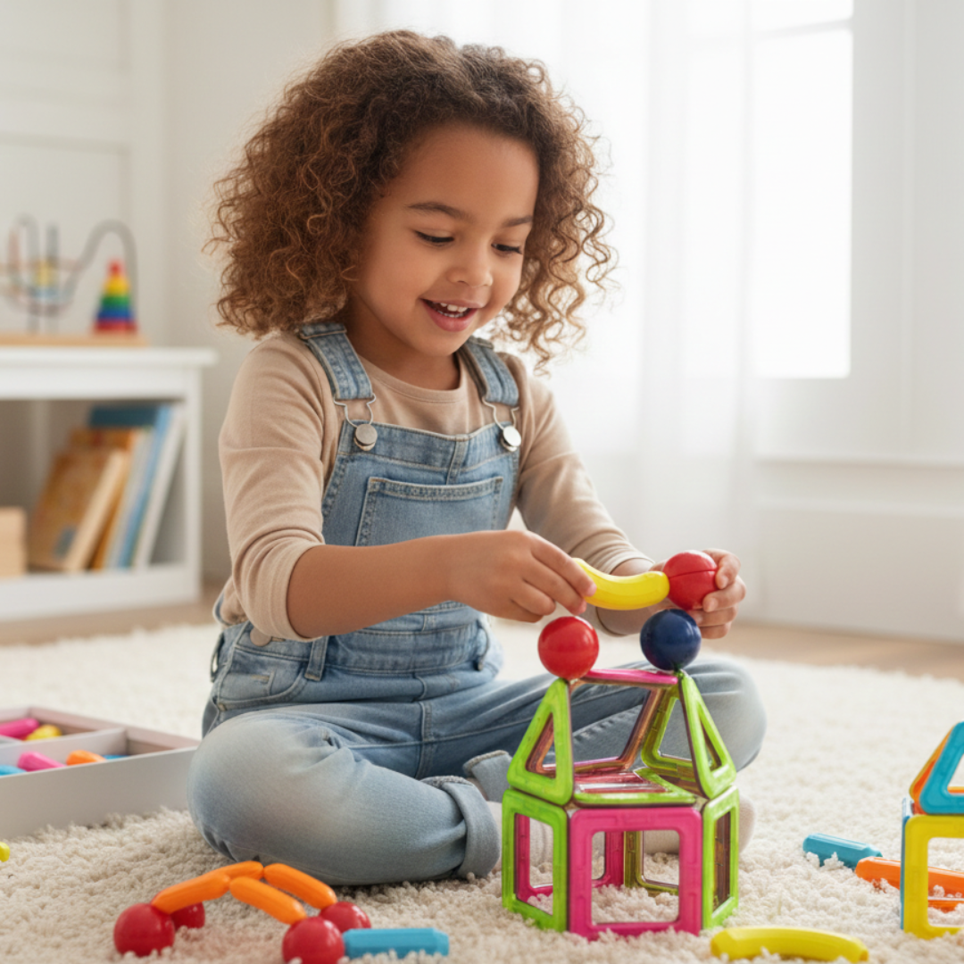 Child playing with colorful building blocks on a carpeted floor.