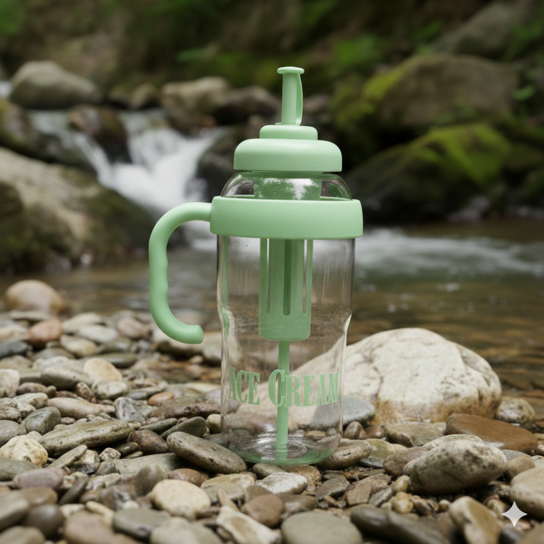 Green ice cream-themed cup with straw on a rocky surface near a stream