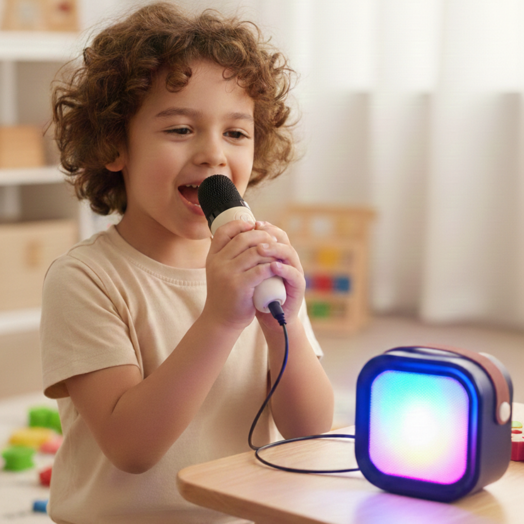 Child holding a microphone with a colorful light on a table in a room with toys.