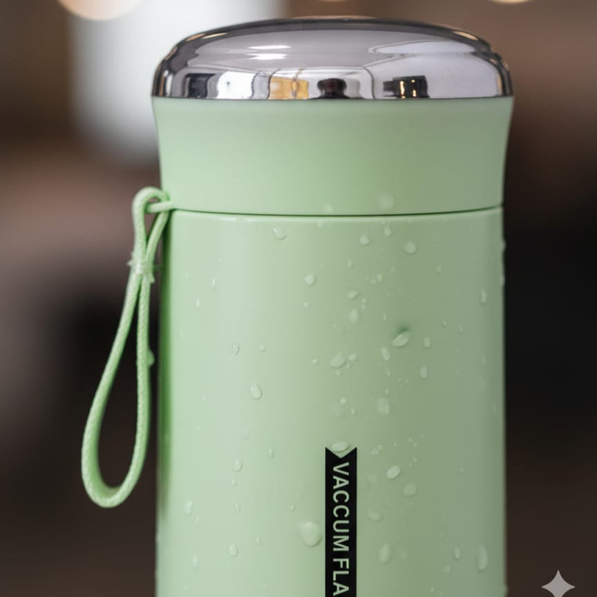 Green vacuum flask with a blurred background