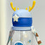 Children's tumbler with cartoon design and blue lid on a light gray background