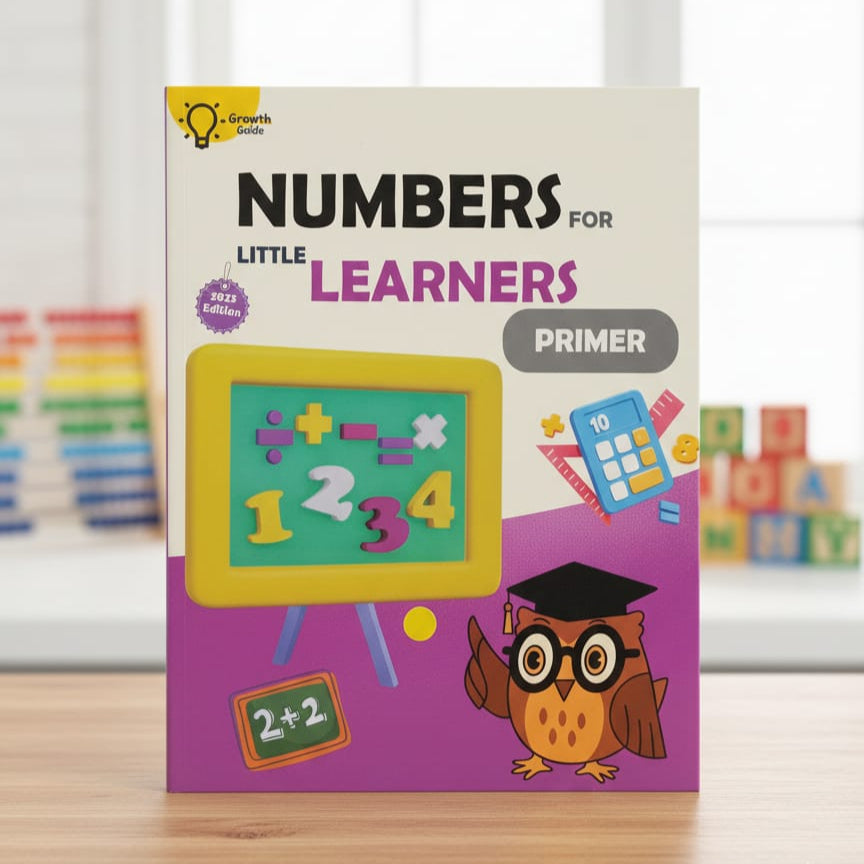 Book titled 'Numbers for Little Learners' on a table with educational items in the background