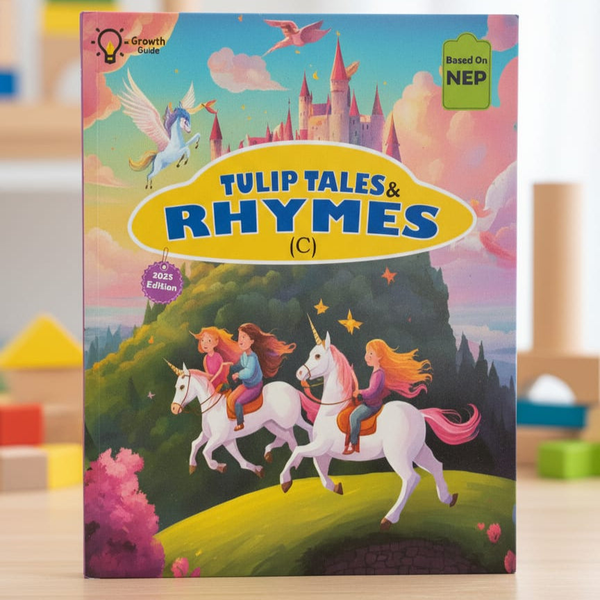 Children's book titled 'Tulip Tales & Rhymes' with colorful cover featuring unicorns and castles on a wooden surface.