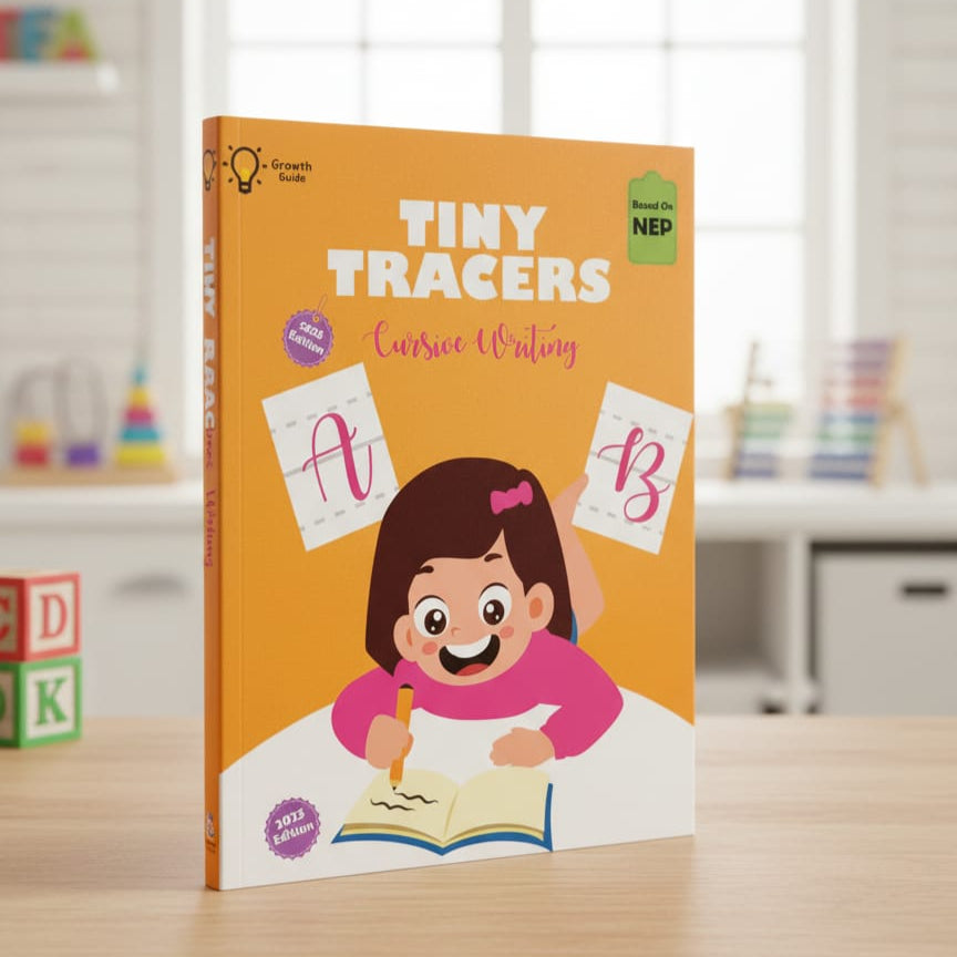 Book titled 'Tiny Tracers' on a table with educational blocks in the background