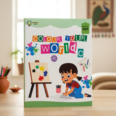 Children's book titled 'Colour Your World' on a table with a decorative background