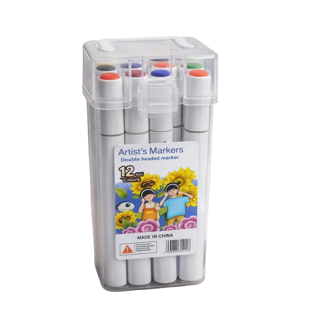 Box of Artist's Markers on a desk with stationery items