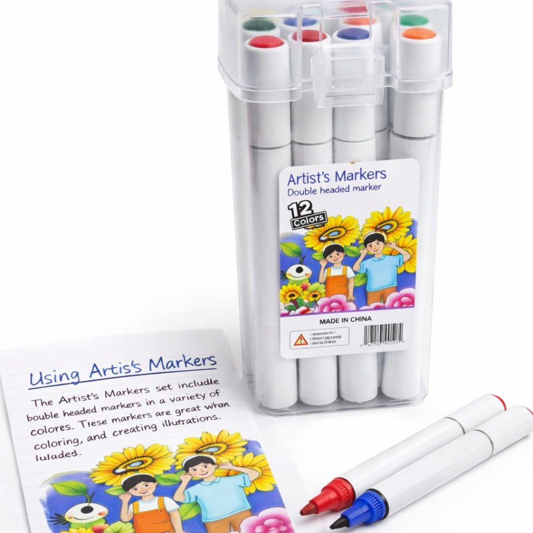 Set of double-headed markers with packaging and usage guide on a white background