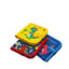 Colorful children's book holders on grass with a playground and sunset in the background
