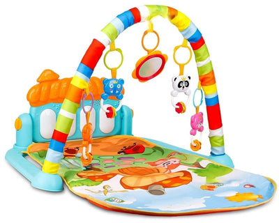 Plastic piano baby gym with colorful keys, hanging toys, and soft mat for sensory and motor skill development