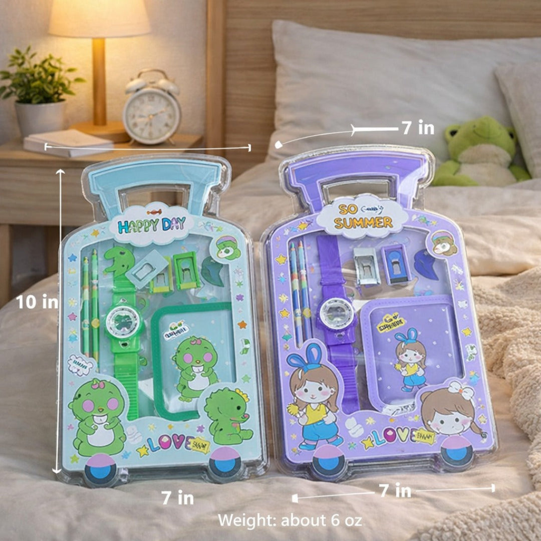 Two toy packages with measurements and cartoon characters on a bed.