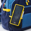 Blue backpack with a yellow electronic device and writing on it, attached to the backpack.