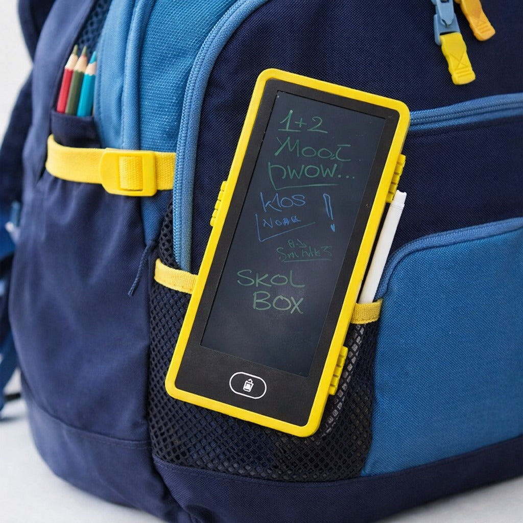 Blue backpack with a yellow electronic device and writing on it, attached to the backpack.