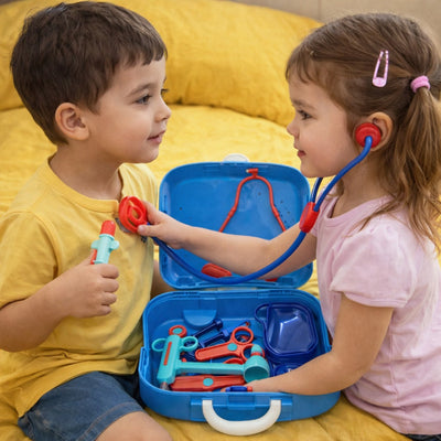 Two children playing with a toy doctor set on a yellow couch.