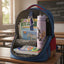 Backpack with school supplies including books and a water bottle in a classroom setting