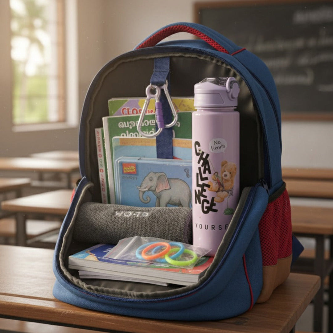 Backpack with school supplies including books and a water bottle in a classroom setting