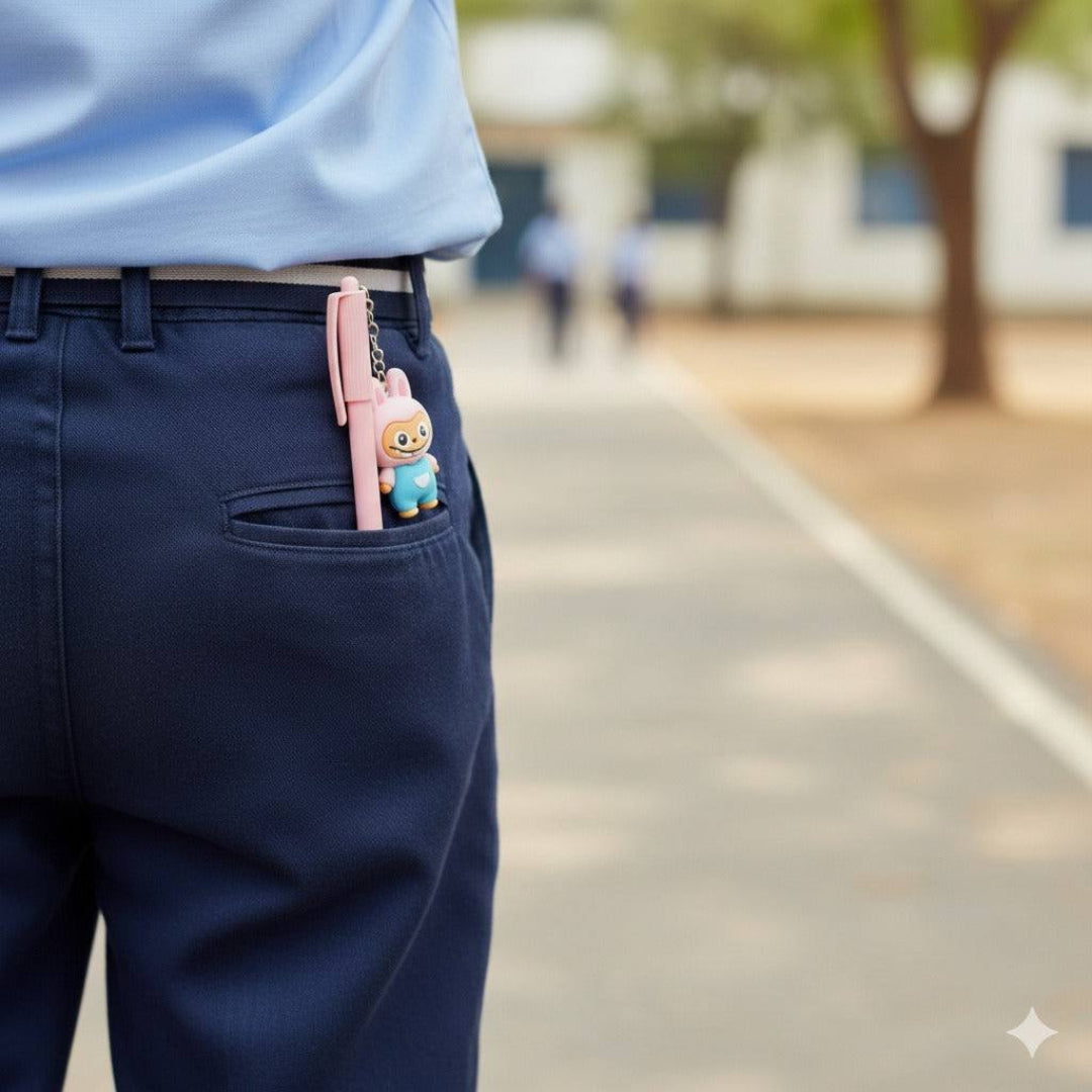 Person wearing navy pants with a pink pen and keychain in the pocket, blurred outdoor background
