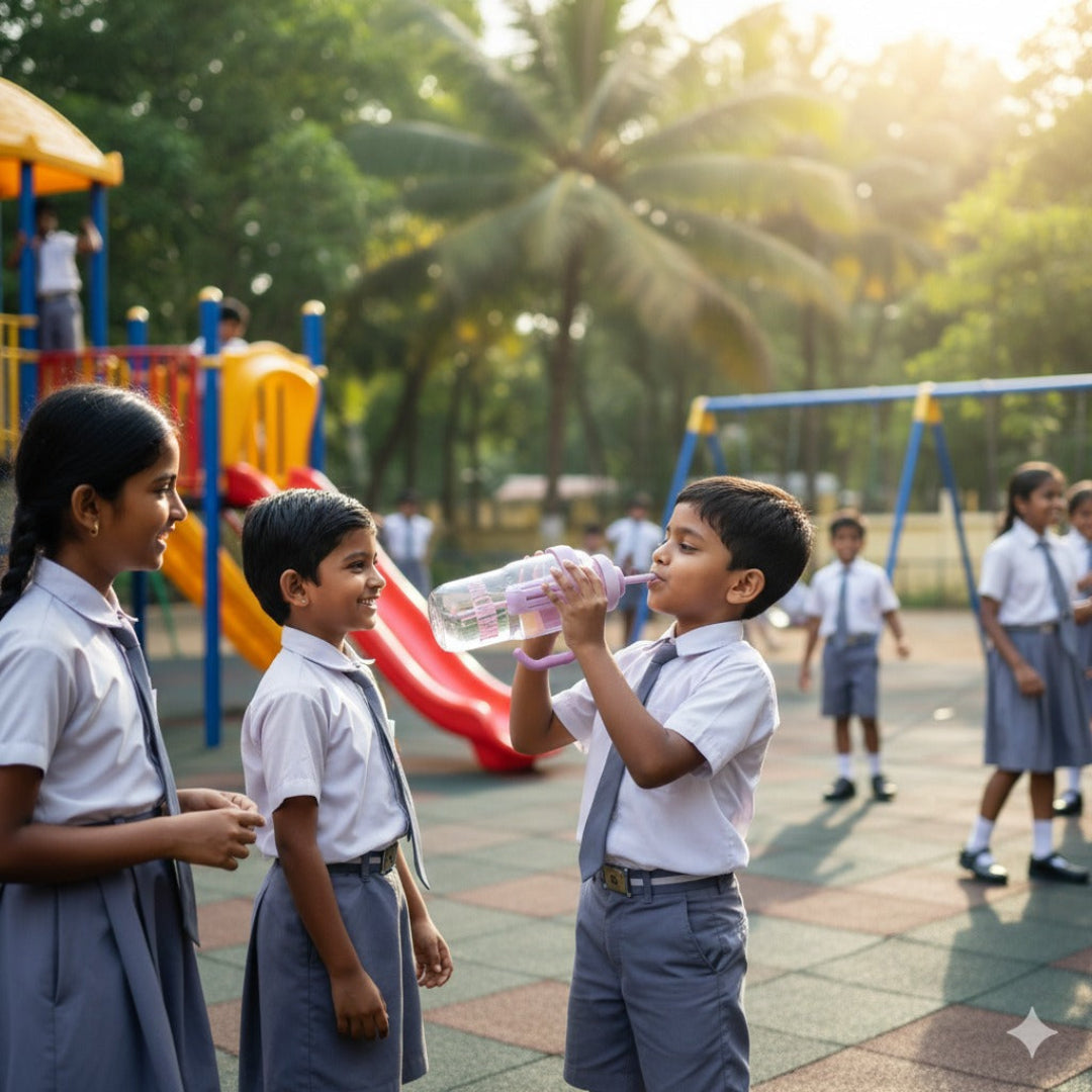 Children in school uniforms on a playground with a slide and swings in the background.