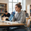 Woman sitting at a table in a library, holding a water bottle and looking at a laptop.