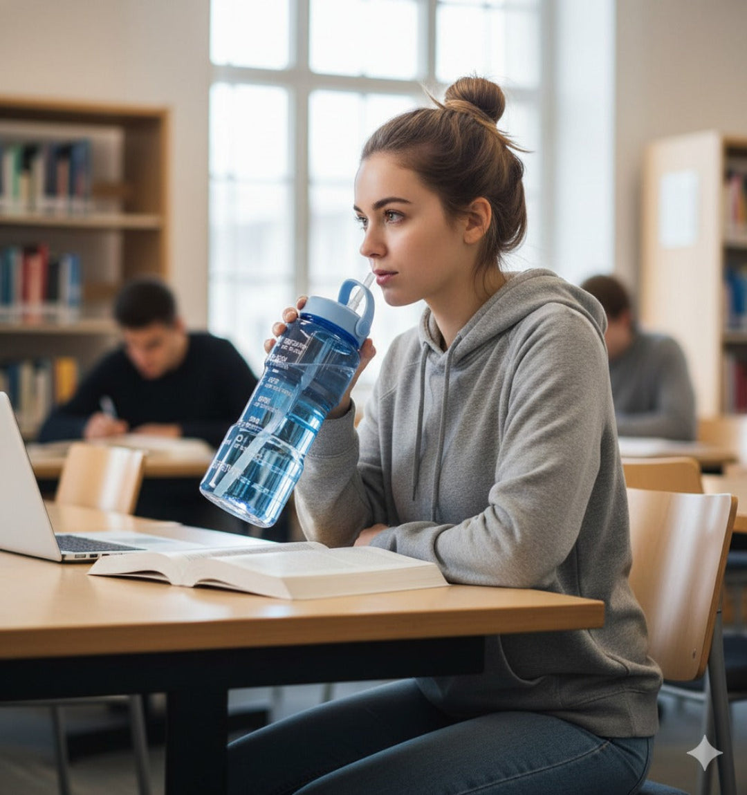 Woman sitting at a table in a library, holding a water bottle and looking at a laptop.