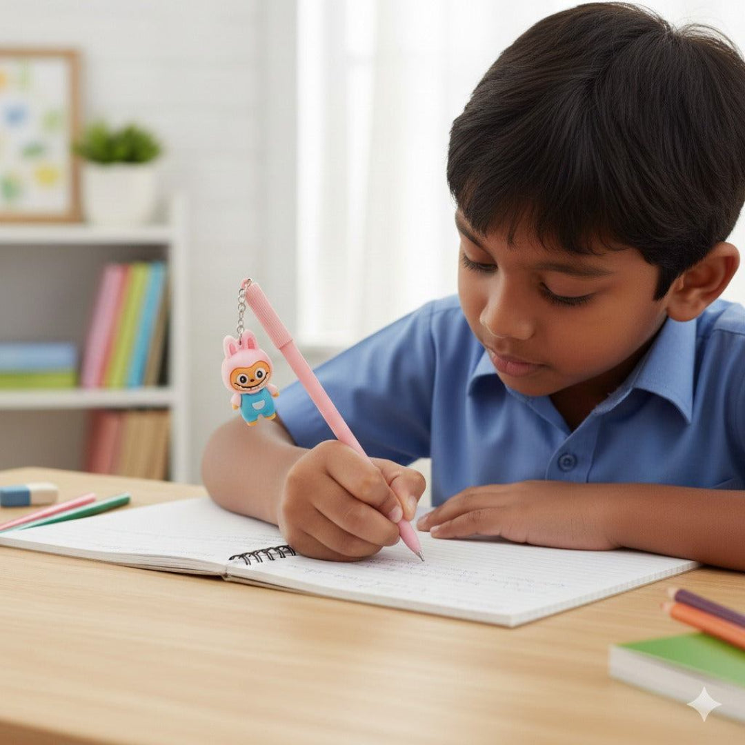 Child writing in a notebook with a pink pen, surrounded by books and stationery.