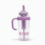Clear children's cup with purple handle, spout, and straw on a white background