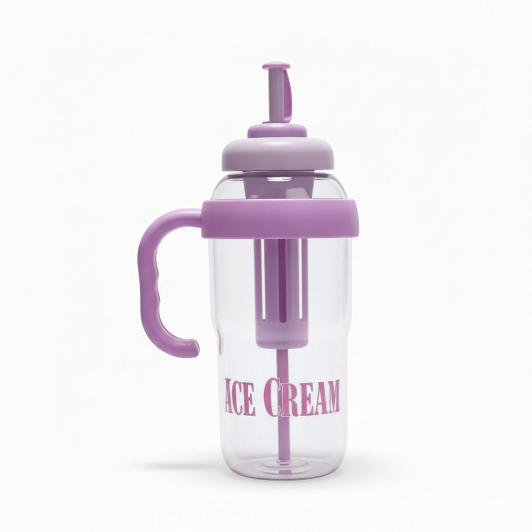 Clear children's cup with purple handle, spout, and straw on a white background