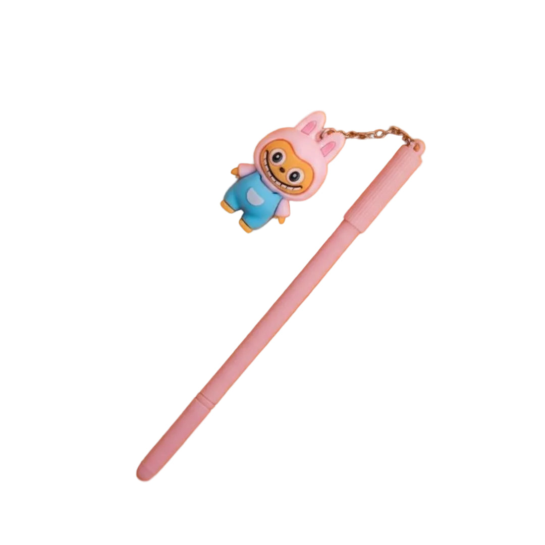 Pink pen with a cartoon character charm on an orange background