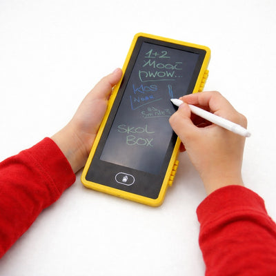 Child's hands using a yellow electronic writing tablet with a white stylus on a white background