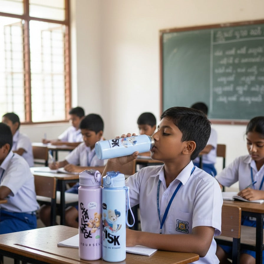 Children in a classroom with water bottles on their desks