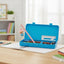 Blue pencil case with stationery items on a desk