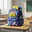 Blue backpack with space-themed design on a classroom desk
