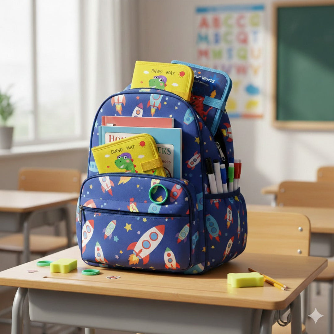 Blue backpack with space-themed design on a classroom desk