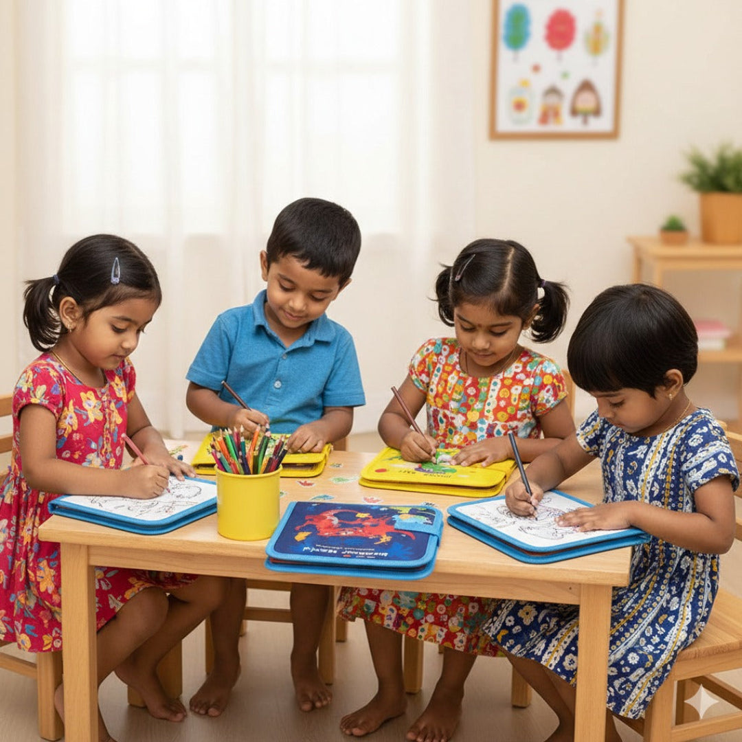 Four children sitting at a table in a classroom setting, engaged in an activity with colorful materials.