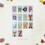 Poster with colorful alphabet letters on a white background with educational toys around