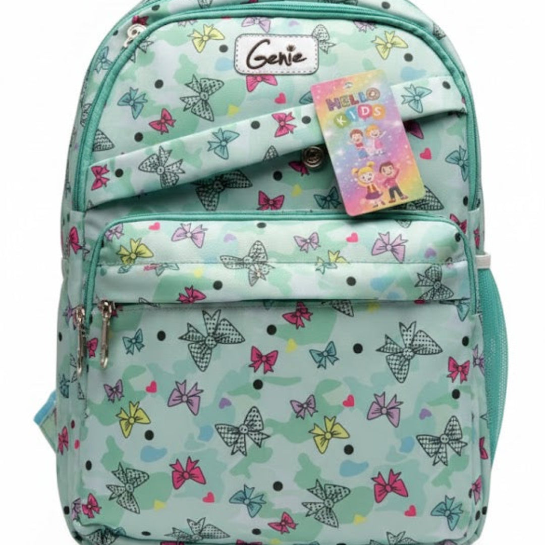 Backpack with butterfly pattern and visible brand tag on a white background