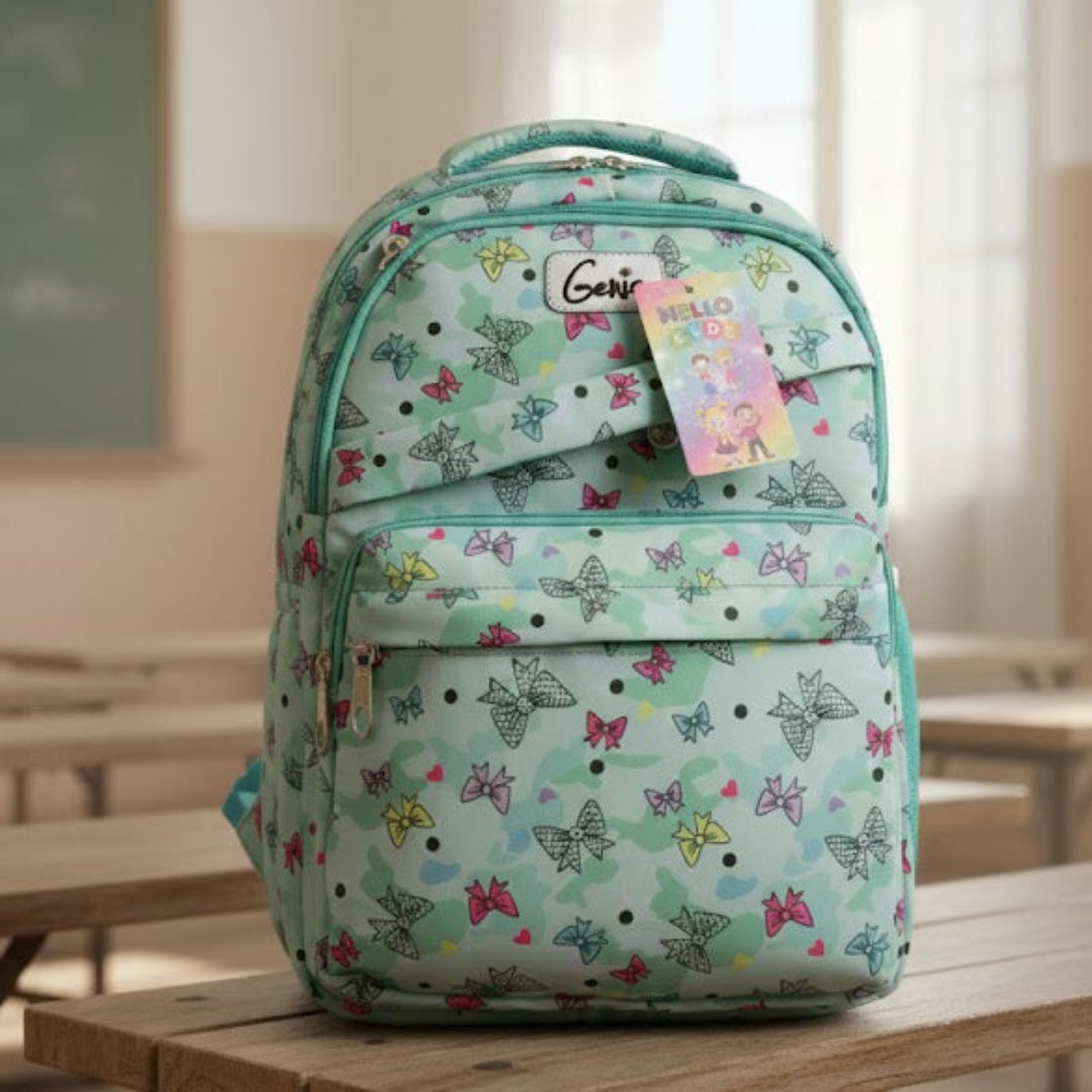 Light blue backpack with butterfly pattern on a wooden table in a classroom.