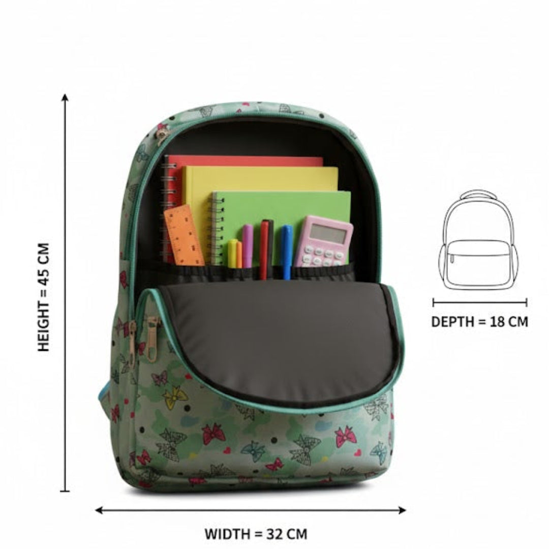 Backpack with stationery items and dimensions on a white background