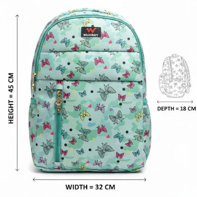 Backpack with butterfly pattern and measurements on a white background