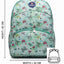 Backpack with butterfly pattern and measurements on a white background