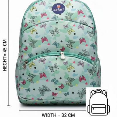 Backpack with butterfly pattern and measurements on a white background