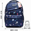 Navy blue backpack with space-themed design and measurements on a white background