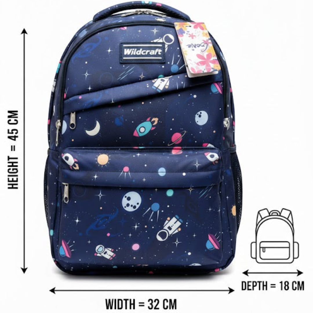 Navy blue backpack with space-themed design and measurements on a white background