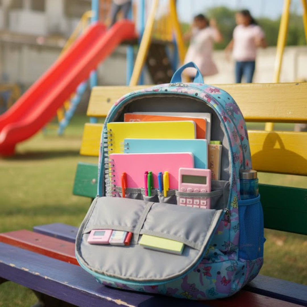 Backpack with school supplies on a bench in a playground