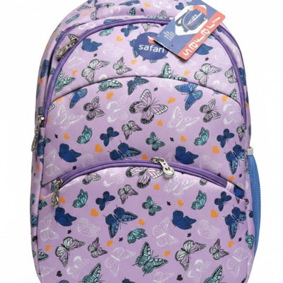 Purple backpack with butterfly pattern and Safari brand tag on a white background