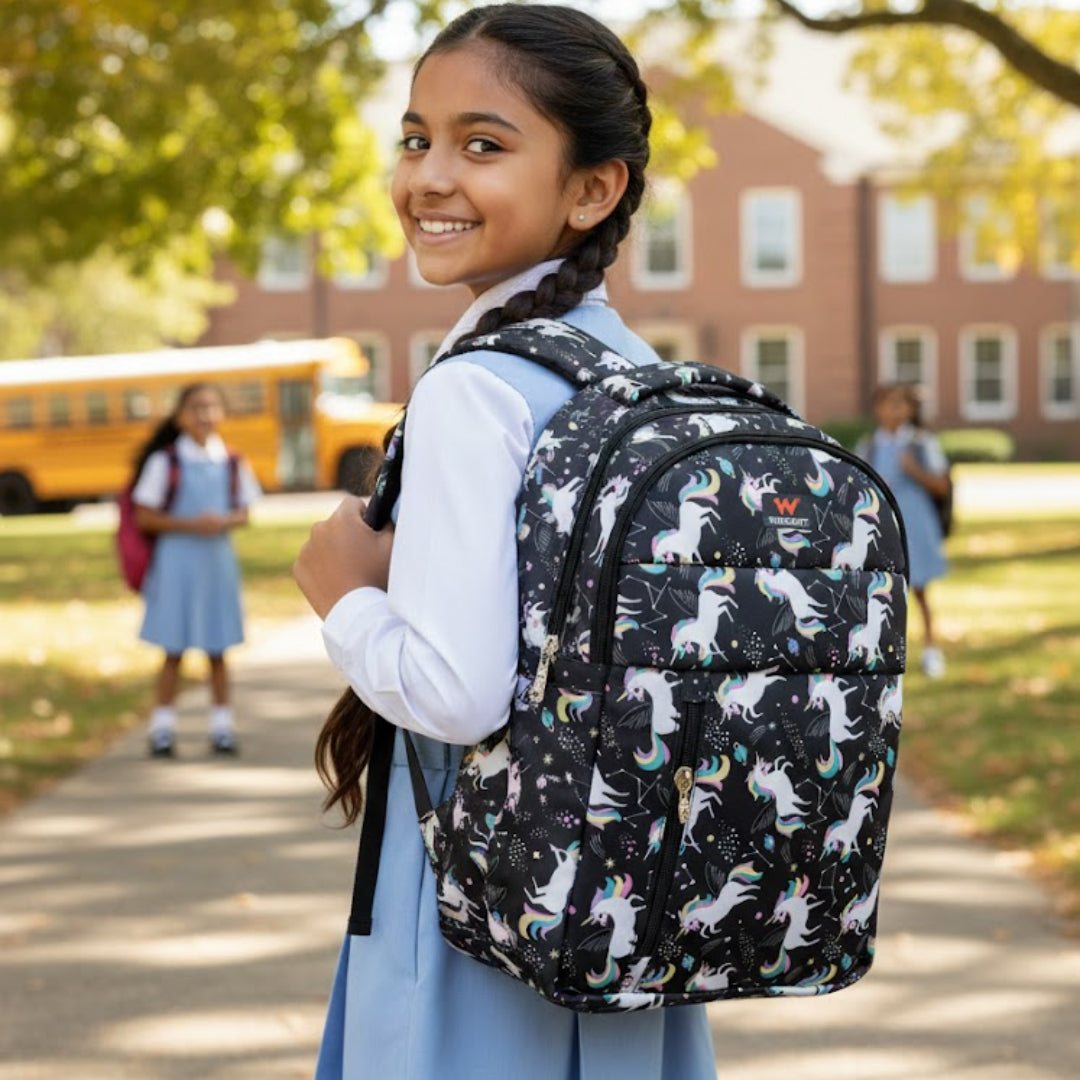 Girl with a black backpack featuring white animal prints on a schoolyard background