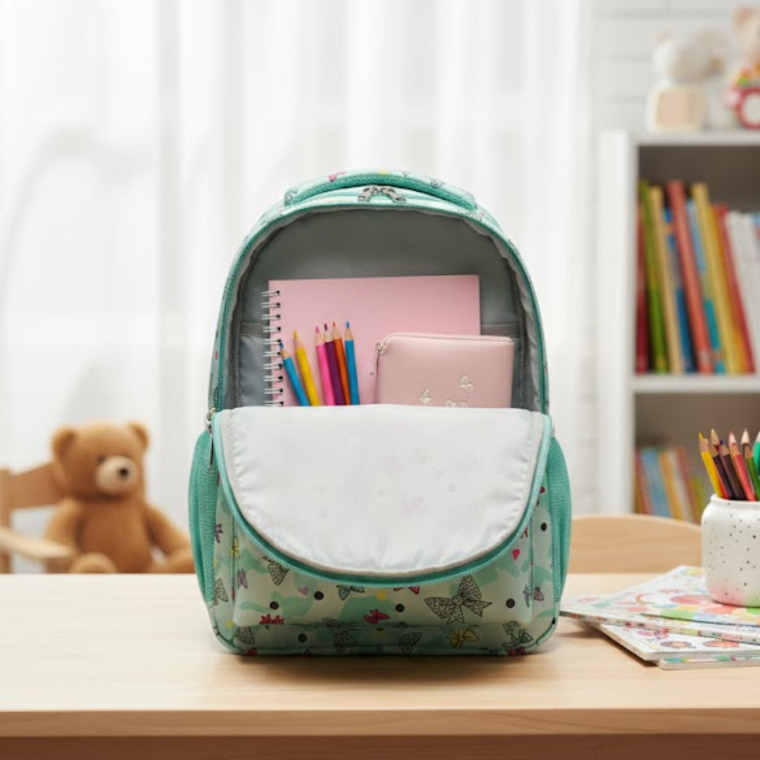 Green backpack with stationery on a wooden table in a classroom setting