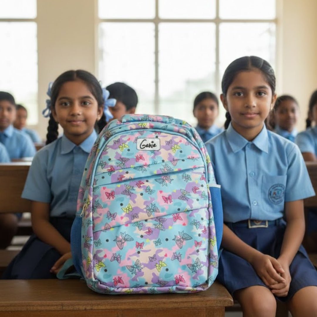 Two schoolgirls with a colorful backpack in a classroom setting