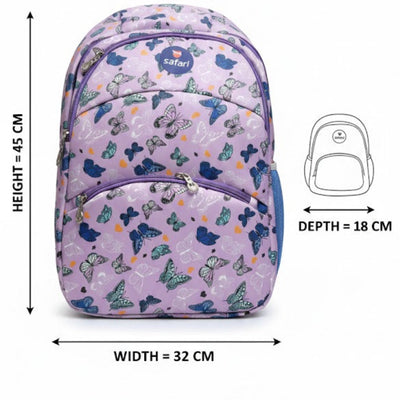 Purple backpack with butterfly pattern and measurements on a white background