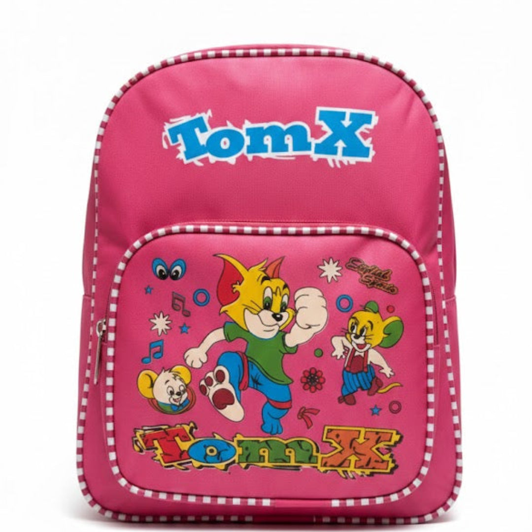 Pink backpack with cartoon characters and 'TomX' branding on a white background
